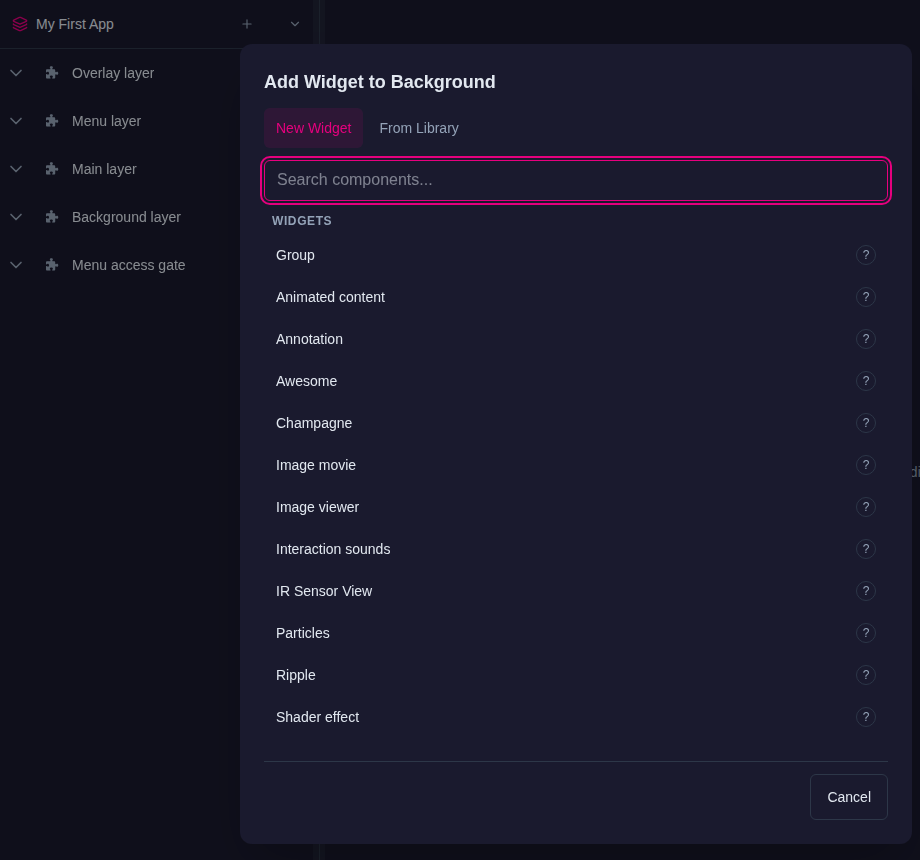 Add Widget to Background dialog over the structure tree, New Widget tab, with Awesome and Shader effect in the list