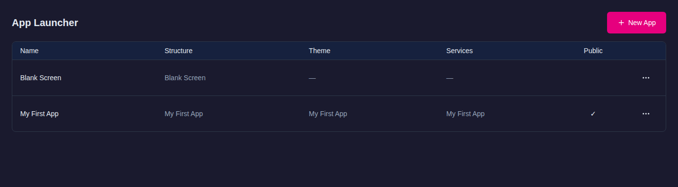 App Launcher with My First App showing Name, Structure, Theme, Services and Public columns and the New App button