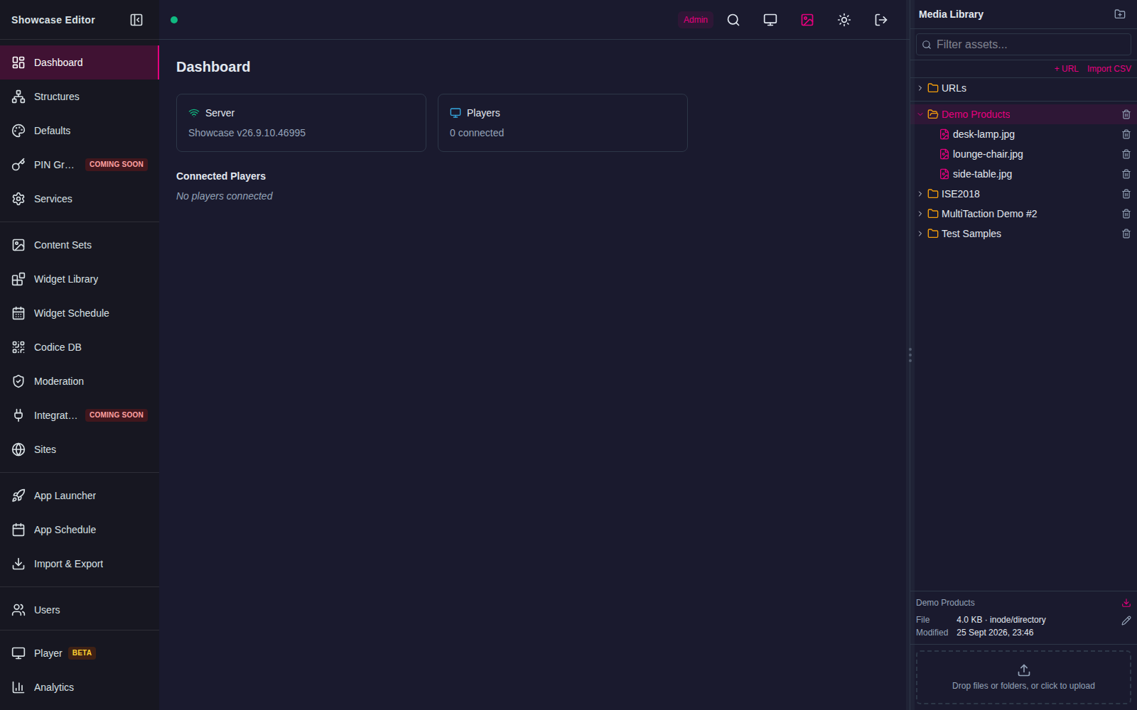 Editor Dashboard after sign-in: left navigation, Server and Players cards, Connected Players list, Media Library panel open