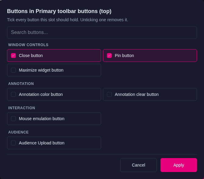 Buttons in Primary toolbar buttons (top) dialog with Close button and Pin button ticked and the Apply button