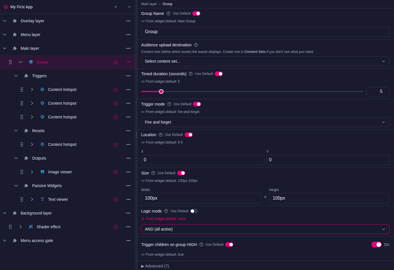 Structures page with a Group expanded under the Main layer showing its Triggers, Resets, Outputs and Passive Widgets slots, and the Group attributes with Logic mode set to AND (all active)