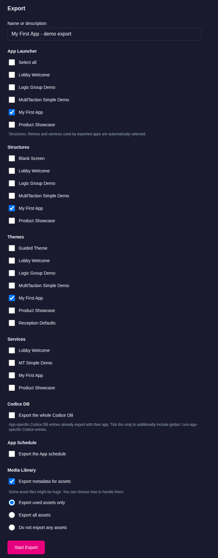 Import & Export page, Export section with a name filled in, My First App ticked in App Launcher and its structure and theme auto-selected, plus Codice DB, App Schedule and Media Library options and Start Export