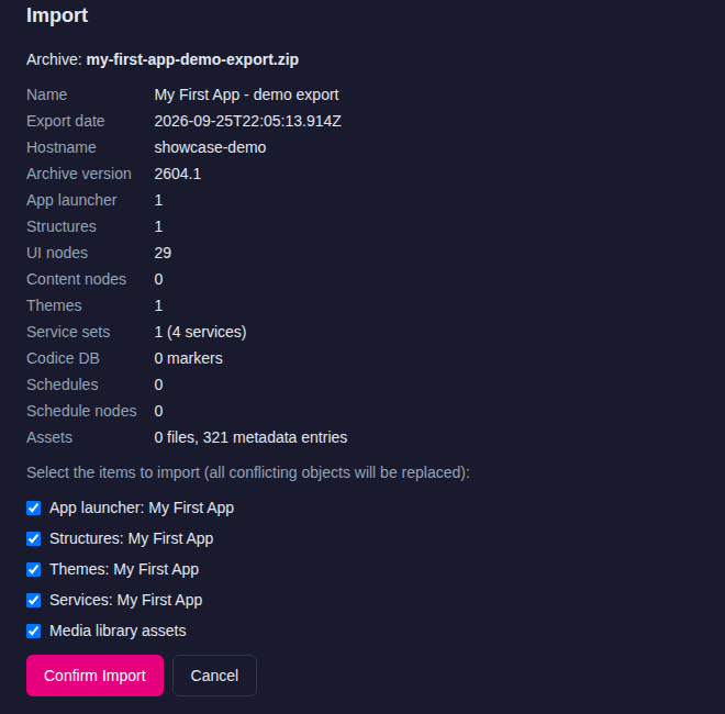 Import section after uploading an archive: archive name, metadata, the select-items-to-import checklist, and Confirm Import / Cancel