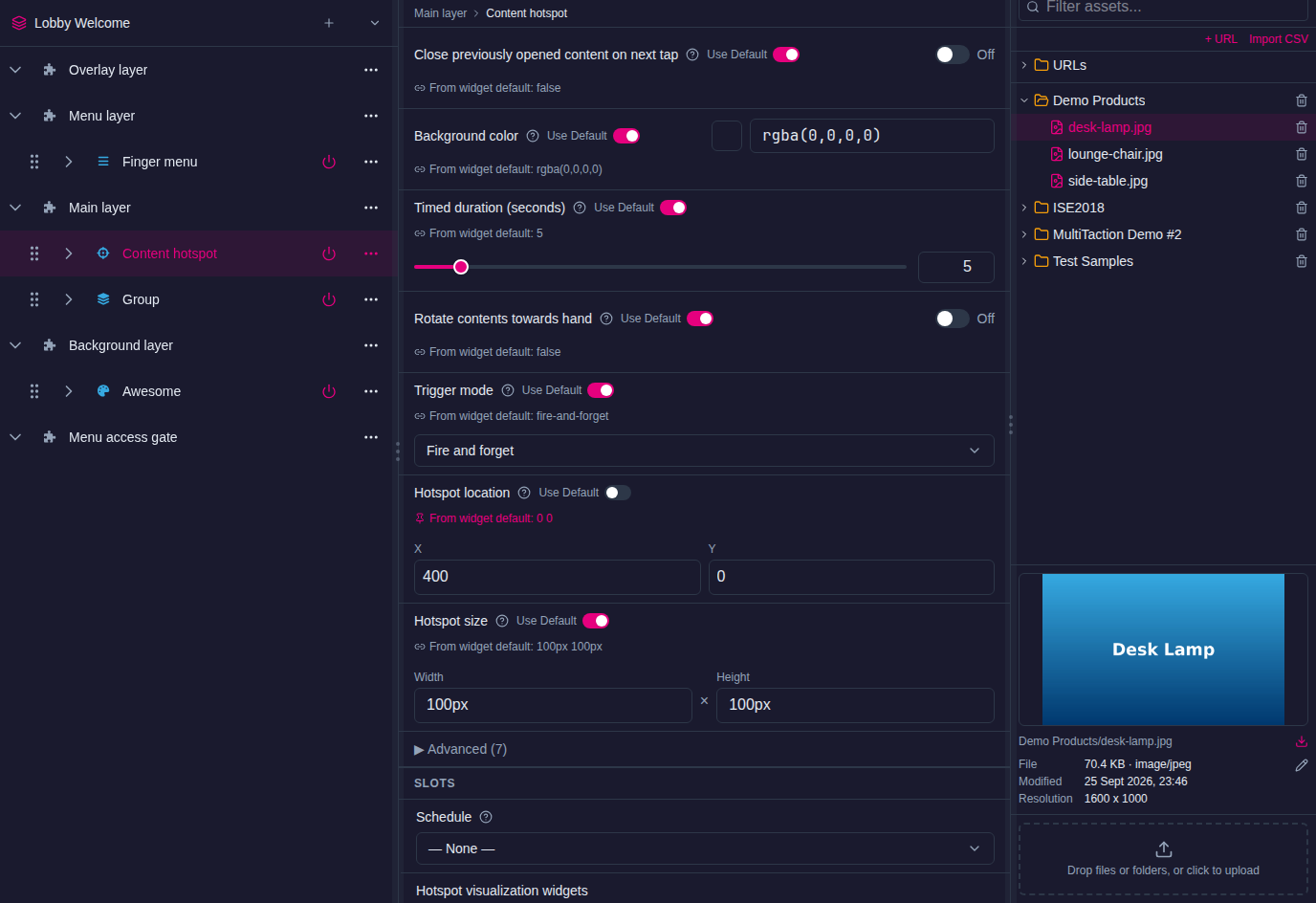Editor Structures page: structure tree with layers on the left, a content hotspot selected with its attributes, and the Media Library panel on the right