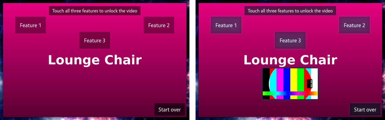 Before and after: on the left the product photo with three Feature hotspots, an instruction and a Start over button, and no video; on the right all three features are tinted as active and the unlocked video plays below them