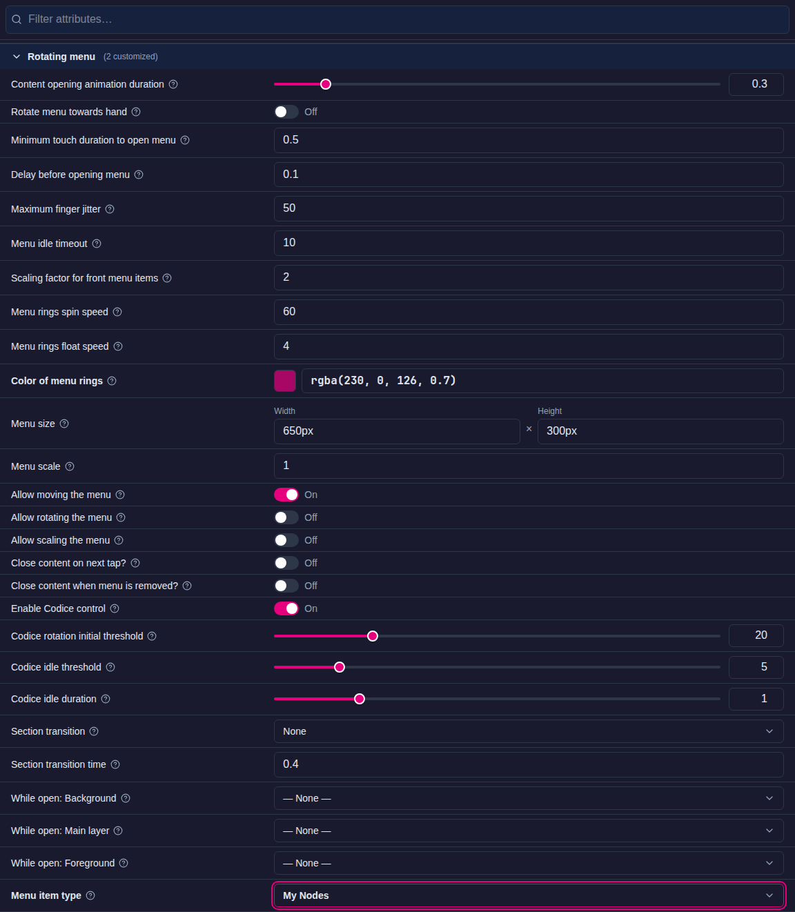Theme editor, Components > Rotating menu with Menu item type set to My Nodes and Color of menu rings customized