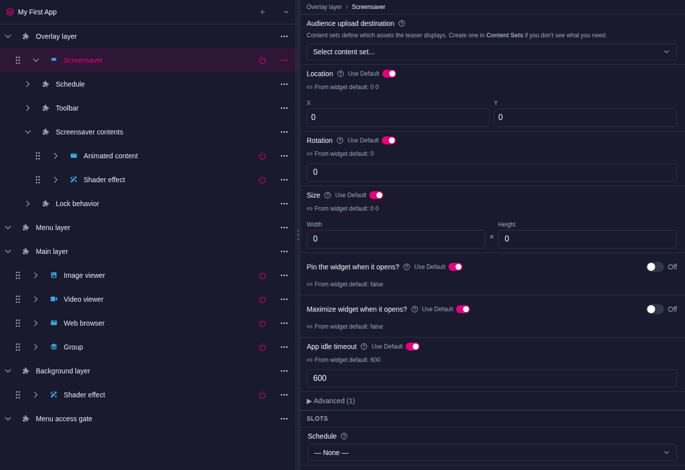 Structures page with a Screensaver under the Overlay layer, its Screensaver contents holding Animated content and a Shader effect, the Lock behavior row, and the App idle timeout attribute