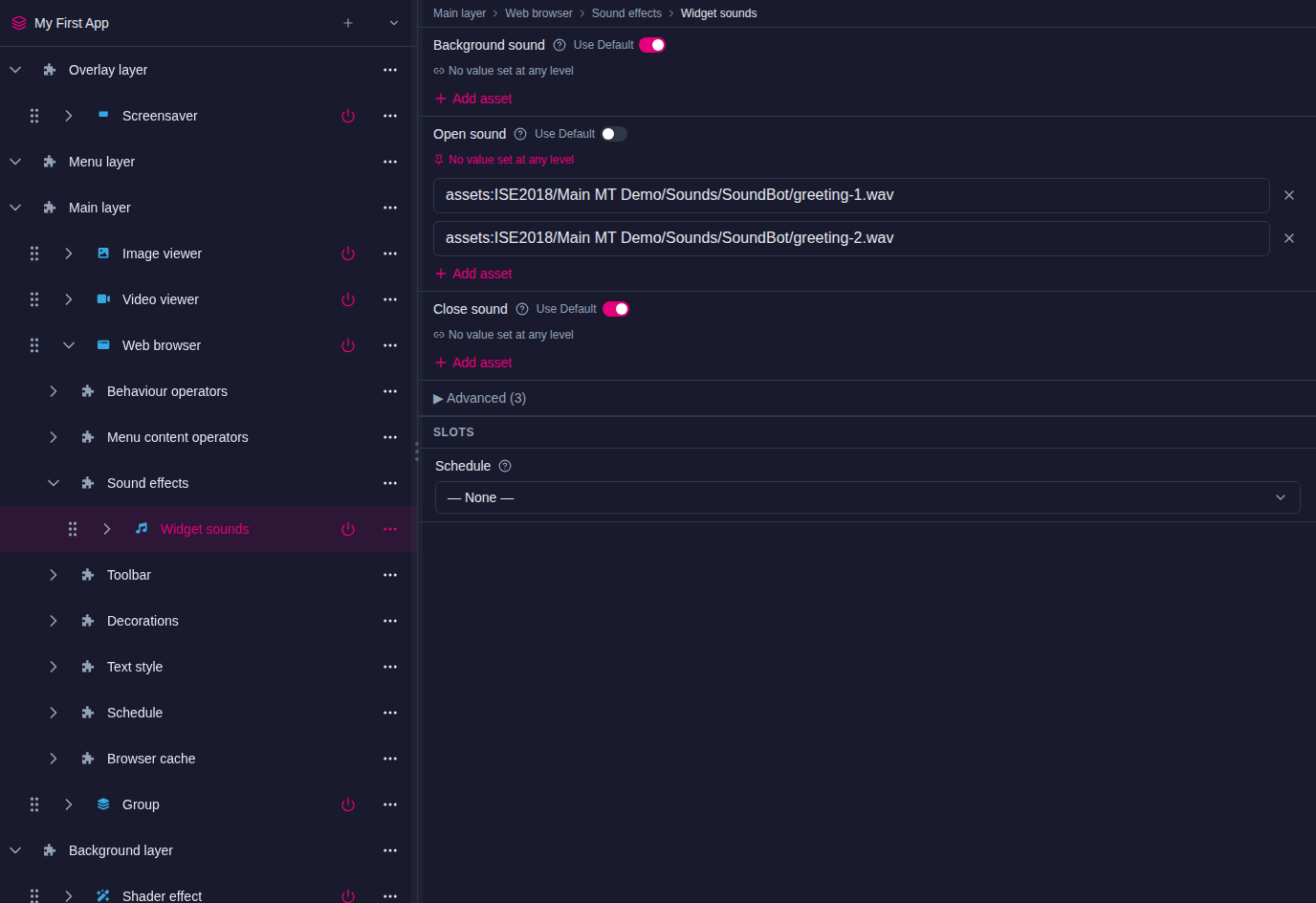 Structures page with a Web browser's Sound effects row holding Widget sounds; Open sound lists two WAV files