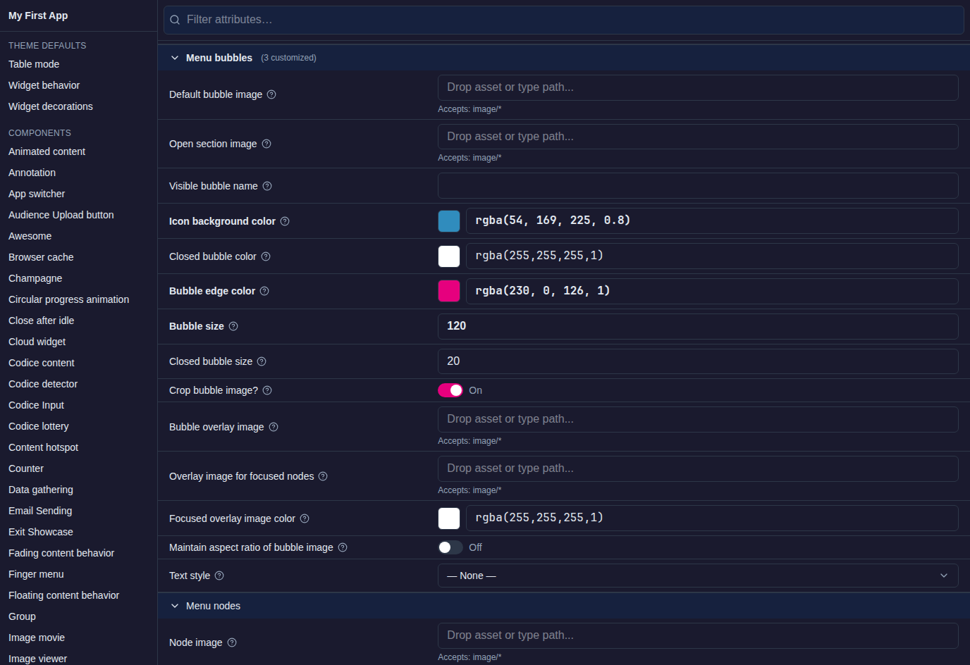 Theme editor for My First App with Theme defaults and Components groups, Filter attributes box, and Menu bubbles expanded with customized values