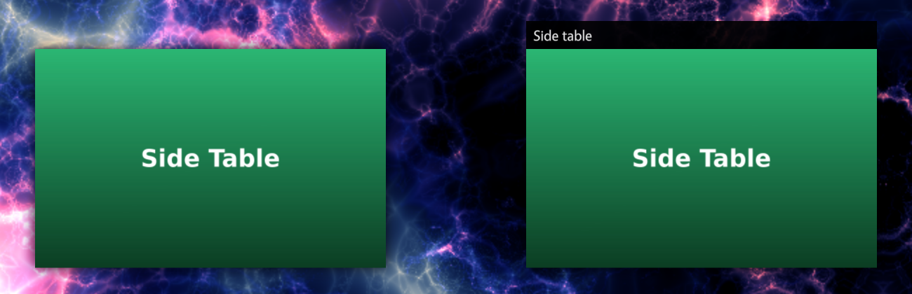 The same image shown twice on the wall: on the left an image viewer with no title bar, on the right an image viewer with a Title decoration showing a dark title bar with the name Side table