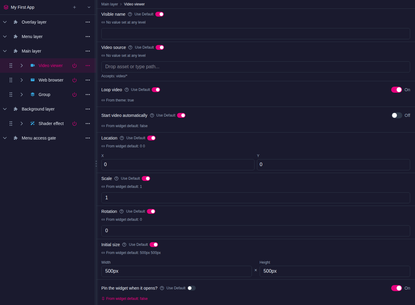 Structures page with a Video viewer selected: Loop video follows the theme (From theme: true) and Pin the widget when it opens? is overridden with Use Default off
