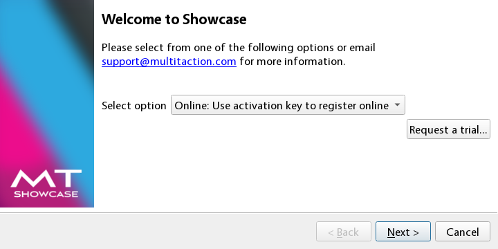 The license wizard welcome screen with "Online: Use activation key to register online" selected