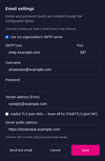 Email settings dialog with Use my organization's SMTP server ticked and demo SMTP values, and the Currently sending via line