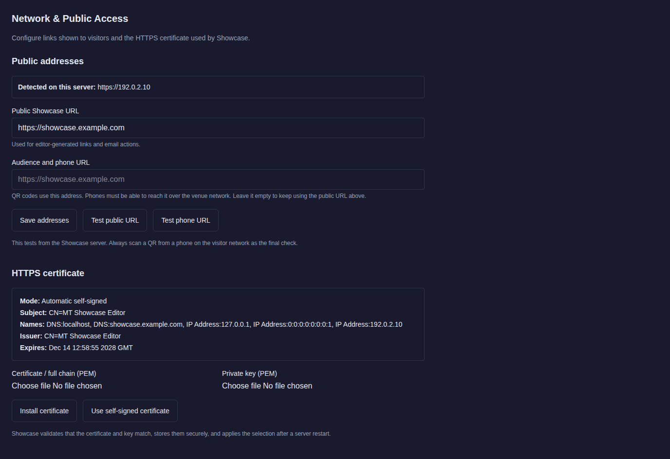 Admin > Network & Public Access with Public addresses (Public Showcase URL https://showcase.example.com, Audience and phone URL empty) and the HTTPS certificate in Automatic self-signed mode