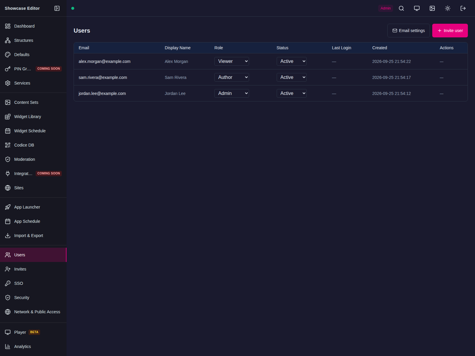 Admin > Users page with Email settings and Invite user buttons, the admin sidebar including Network & Public Access, and three demo accounts (Viewer, Author, Admin)