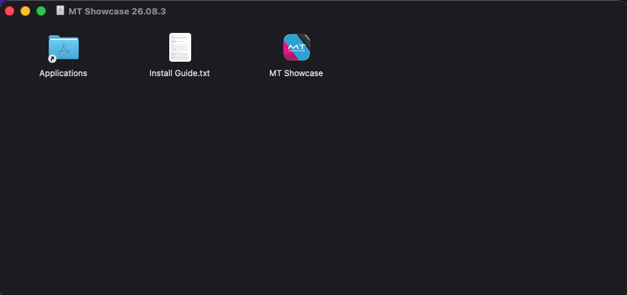 The mounted MT Showcase disk image, showing the MT Showcase application icon, an alias to the Applications folder, and Install Guide.txt